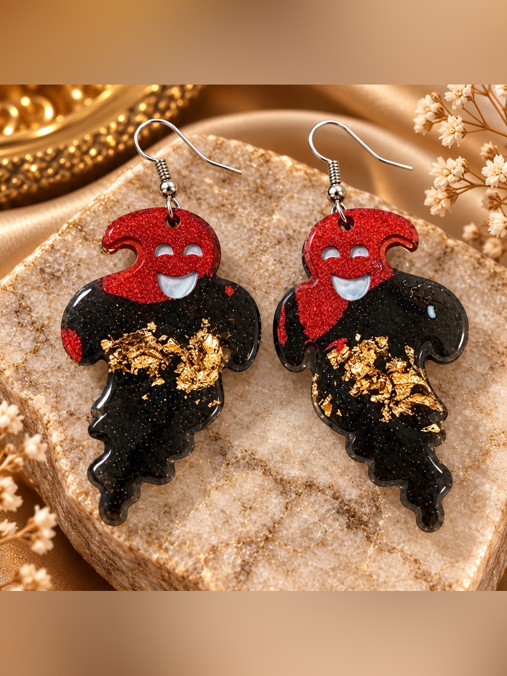 One of a Kind Handmade Red Black Ghost Earrings Gold Flake Halloween Jewelry